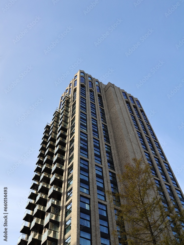 Apartment building in frog perspective. Skyscraper in Eindhoven in the Netherlands.