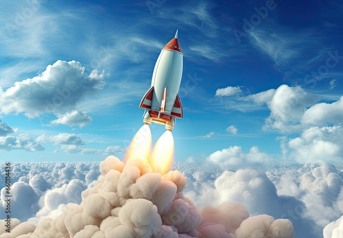 A spaceship takes off into the night sky. Launching or landing of a spaceship rocket. Launch concept. Illustration for banner, poster, cover, brochure or presentation.