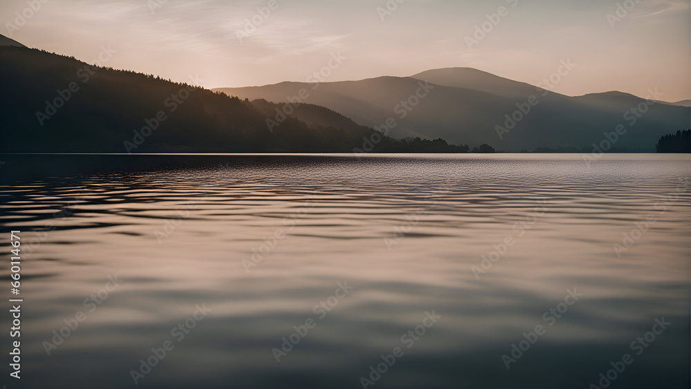 Sunset over a lake in the Carpathian Mountains. Ukraine