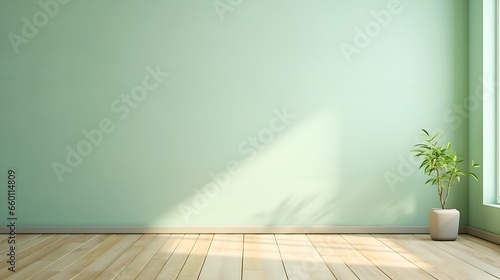 Light Green Serenity: Interior Background with Glare on Empty Wall and Wooden Floor, Product Presentation, Background