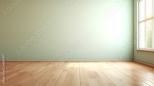 Light Green Serenity  Interior Background with Glare on Empty Wall and Wooden Floor  Product Presentation  Background