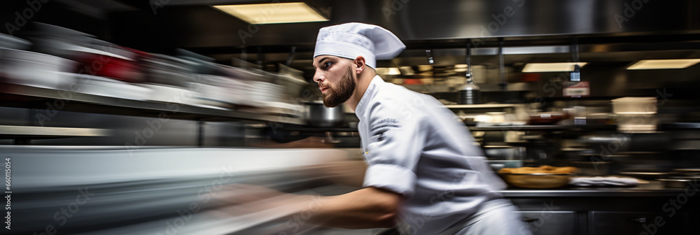 Chef’s toque blanche hat, professional kitchen environment, action shot of the chef in motion, blurred background - obrazy, fototapety, plakaty 