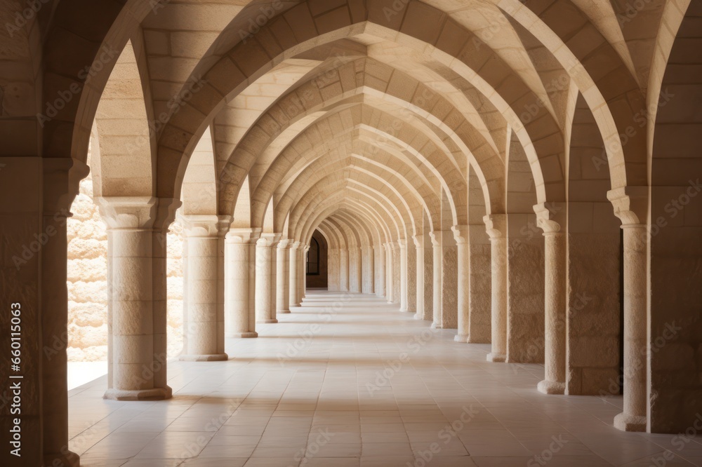 arches hallway of a church or old cathedral - obrazy, fototapety, plakaty 