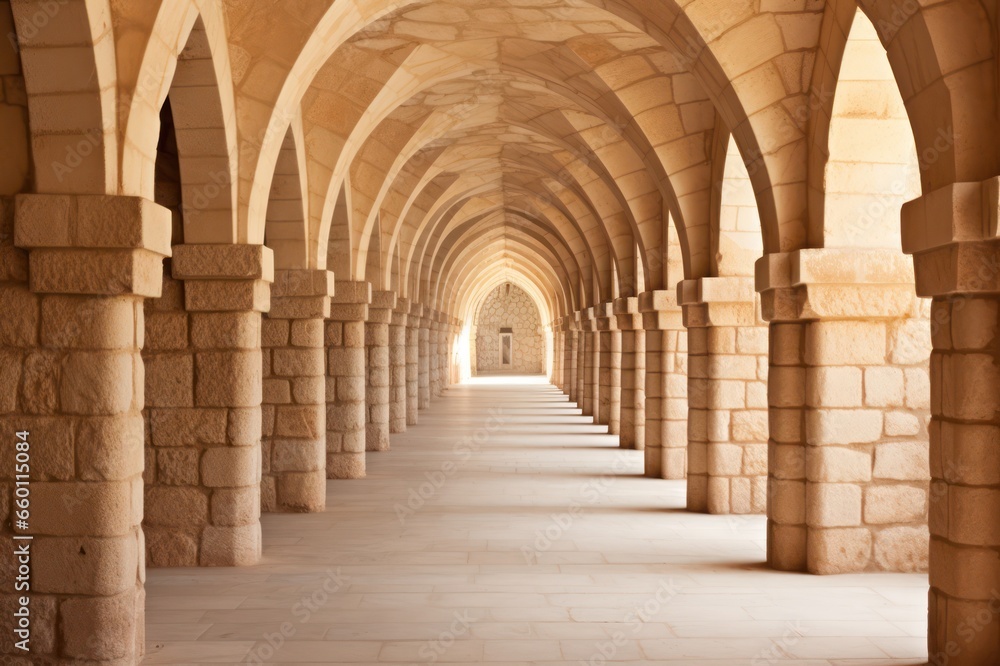 symmetrical arches hallway of an old building made of sandstone background