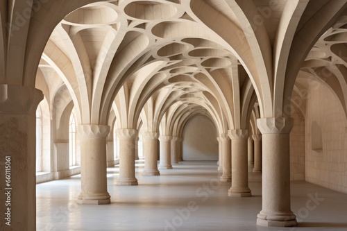 arches of a church hallway or old monastery building. Corridor location for fashion photoshoot.