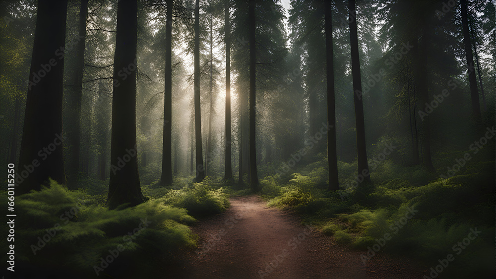 Foggy forest trail in the morning light. 3D render