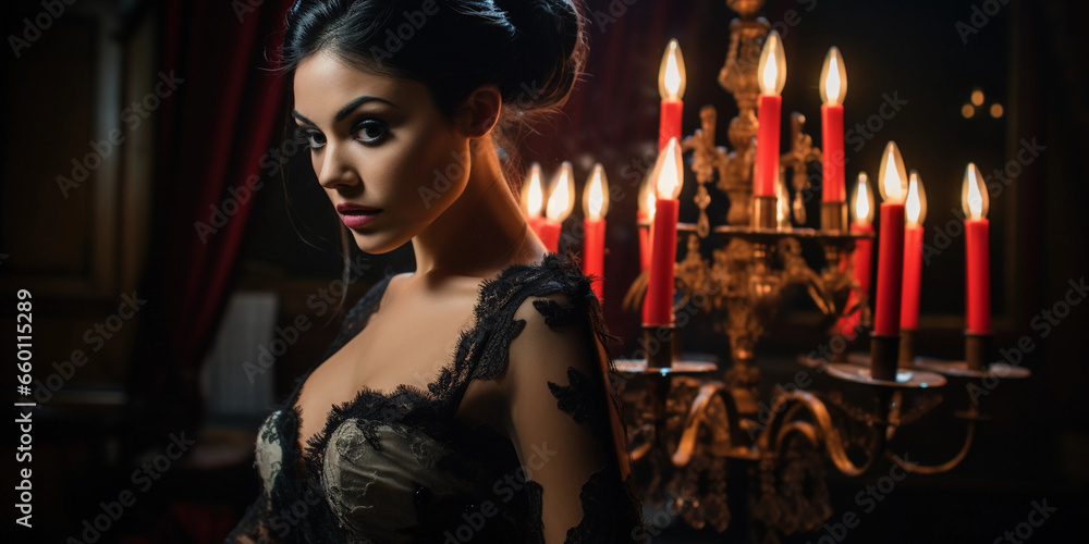 Gothic - inspired bridal gown, black lace and corset, in a dimly lit Victorian parlor with velvet drapes and candelabras - obrazy, fototapety, plakaty 