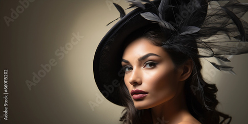 Feathered fascinator hat, sophisticated, worn by a female model at a royal event, elegance
