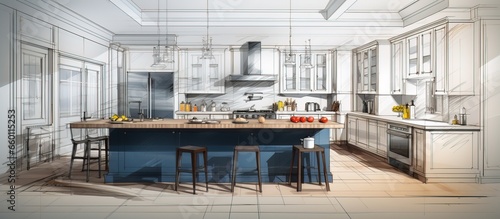 sketch of classic style kitchen with modern appliances wire frame perspective