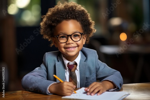 preschool boy in glasses writing at desk