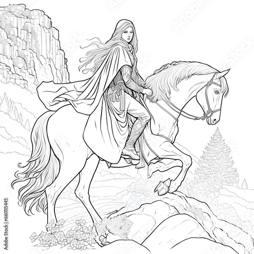 an female elf in a hooded cloak she is riding a powerful white horse the horse has a leather saddle and bridle with details and a blanket They are galloping down a steep path with cliffs and stones 