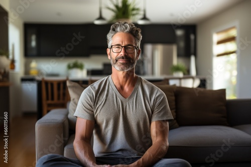 a man in glasses sits down and makes eye contact with the camera while meditating in his home