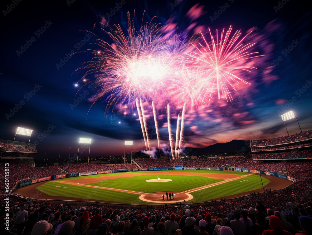 Baseball Stadium with Fireworks, A twilight view capturing fireworks ...
