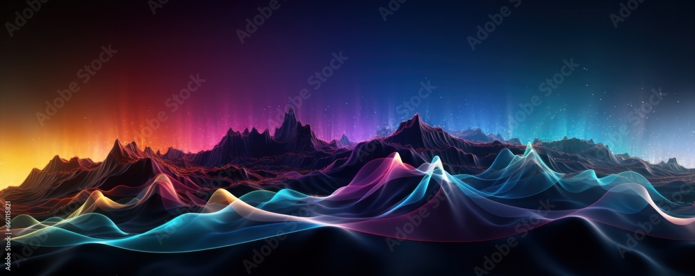 a rainbow colored background with lights that reflect above the mountains