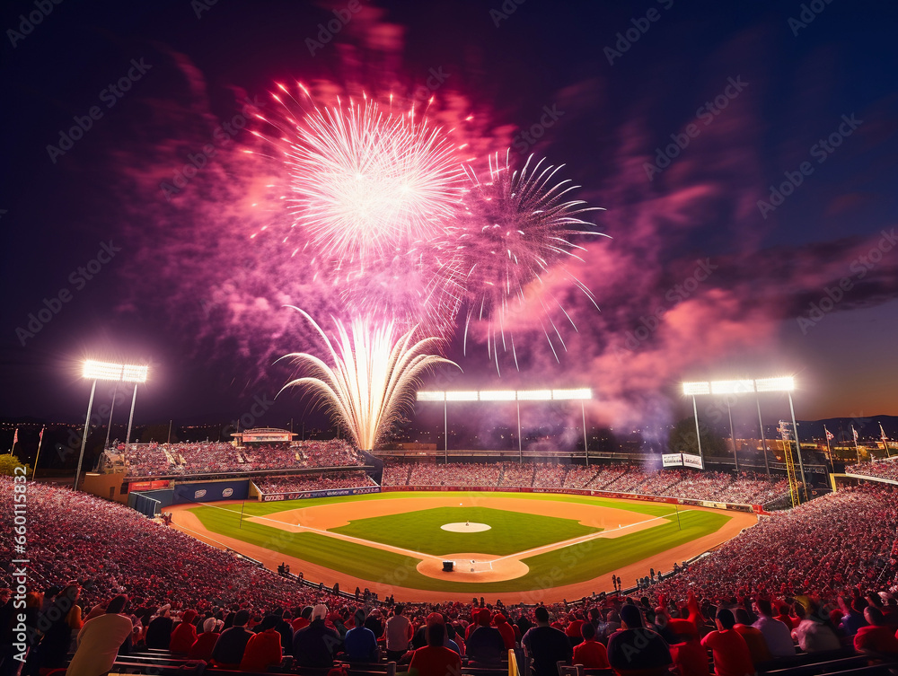 Baseball Stadium with Fireworks, A twilight view capturing fireworks