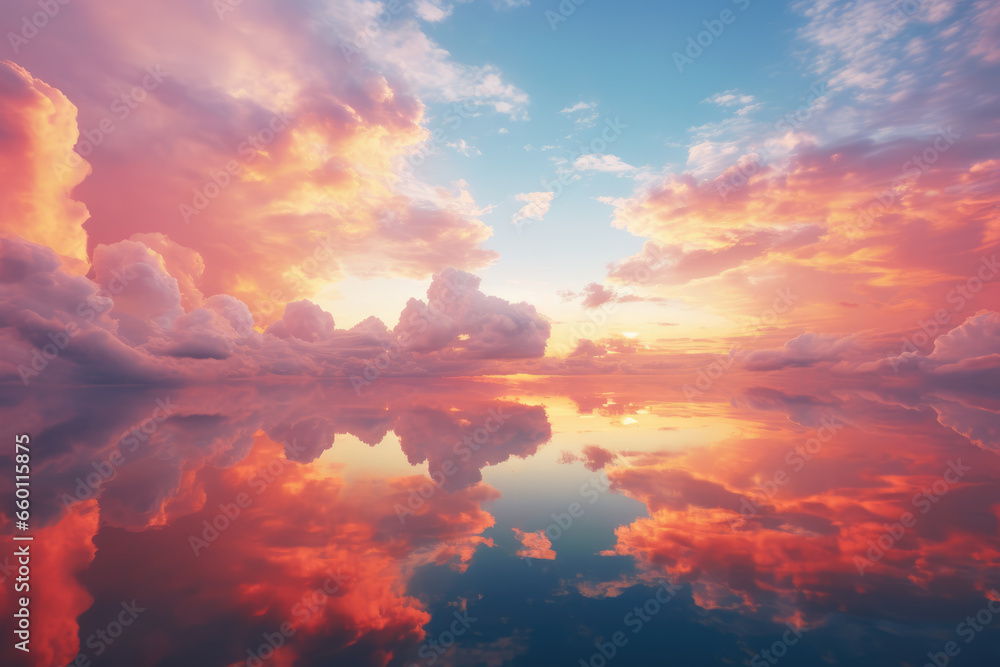 Sun Setting Over Water with Colorful Sky and Clouds with Reflection, Generative AI