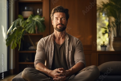 a man with dog sits down and makes eye contact with the camera while meditati...