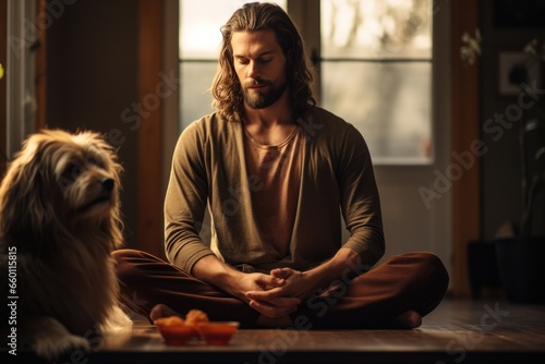 a man with dog sits down and makes eye contact with the camera while meditati...