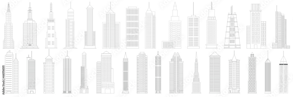 Big collection of doodle skyscrapers. Skyscrapers outline icons set. Business office buildings in doodle style. Vector illustraiton.