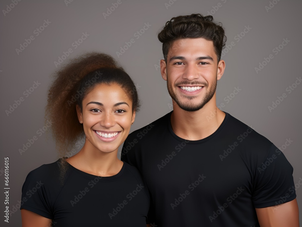 Happy Smiling Mixed Couple Portrait. Isolated on a plain background. Generative AI. Happy Smiling Mixed Couple Portrait. Isolated on a plain background. Generative AI.