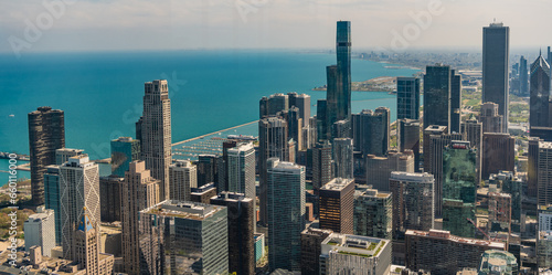 metropolis city skyline. aerial panoramic view on downtown cityscape. skyscraper aerial view. cityscape skyline. architectural building in metropolis. skyscraper architecture of chicago seaside city