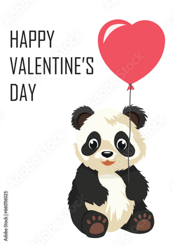 Panda with heart balloon. Vertical banner Happy Valentine's Day concept. Vector illustraiton.
