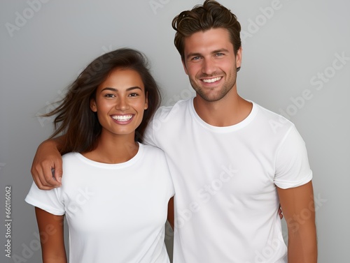 Happy Smiling Mixed Couple Portrait. Isolated on a plain background. Generative AI.