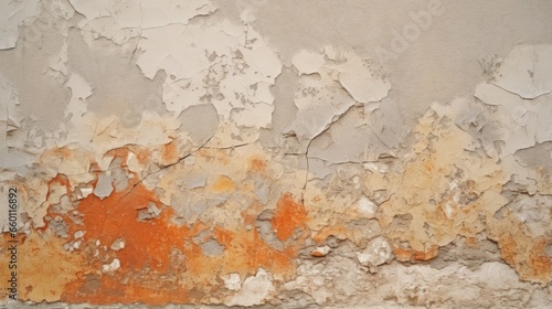 The crumbling wall of the building needs major repairs. Facade of a house with damaged plaster. Photophone for retro filming. Illustration for varied design.