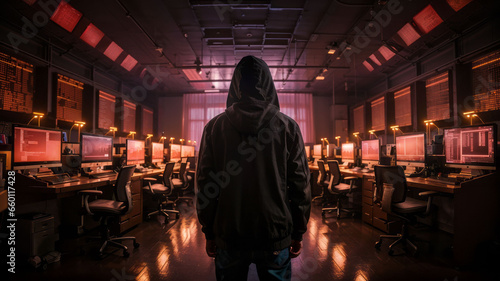 Cybersecurity concept. A hacker standing in a room of computers. Base of operations. Corporate espionage. Organized cyber crime. Network security.