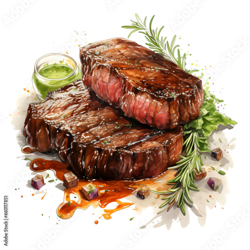 grilled beef fillet steak meat with rosemary isolated on a transparent background, watercolor style, food style clip art isolated on a transparent background