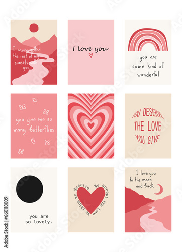 Set of cute posters with quotes about love, Valentine's Day greeting cards in modern, trendy colors.