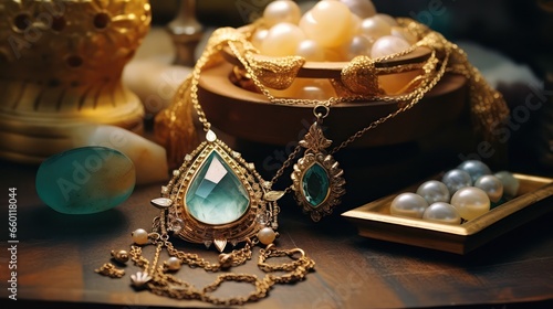 A photograph of a luxurious necklace, classic-era jewelry with a regal, ancient kingdom atmosphere, showcasing gemstones and sapphires.