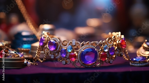 A photograph of the luxurious bracelet, classic-era jewelry with a regal, ancient kingdom atmosphere, showcasing gemstones and sapphires.