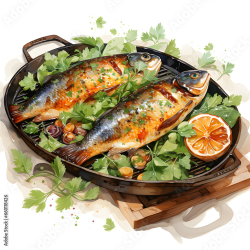Gilled spicy fish on a plate and decoration isolated on a transparent background, food stylist watercolor painting, clip art isolated on a transparent background