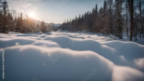 Winter landscape with snowdrifts in the forest and sun rays. © Waqar