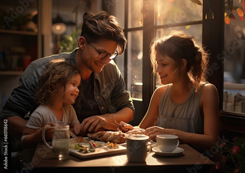 Tableau sur toile Una niña desayunando con sus padres