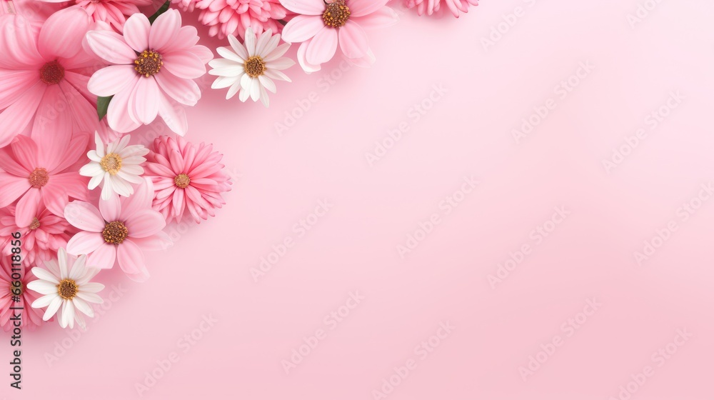 A pink background with flower floral borders and a pink blank paper for text or content. A pink background with flower floral borders and a pink blank paper for text or content.