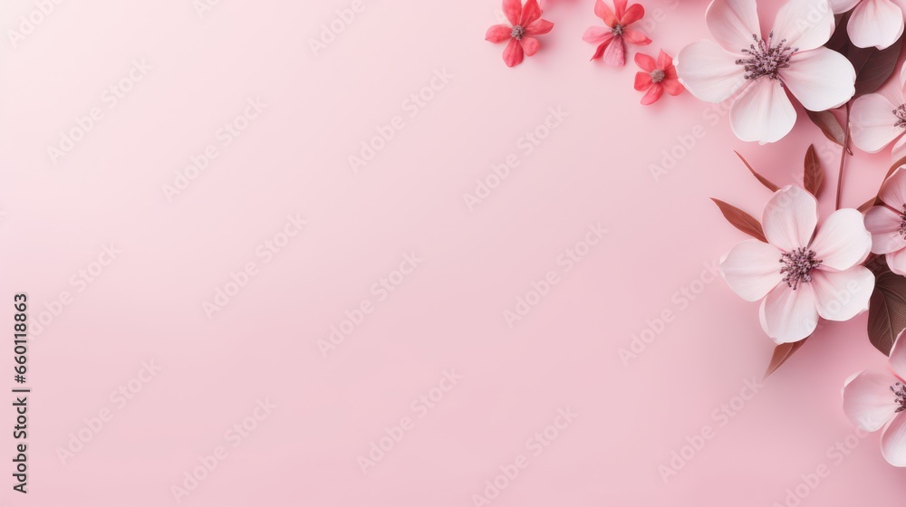 A pink background with flower floral borders and a pink blank paper for text or content. A pink background with flower floral borders and a pink blank paper for text or content.