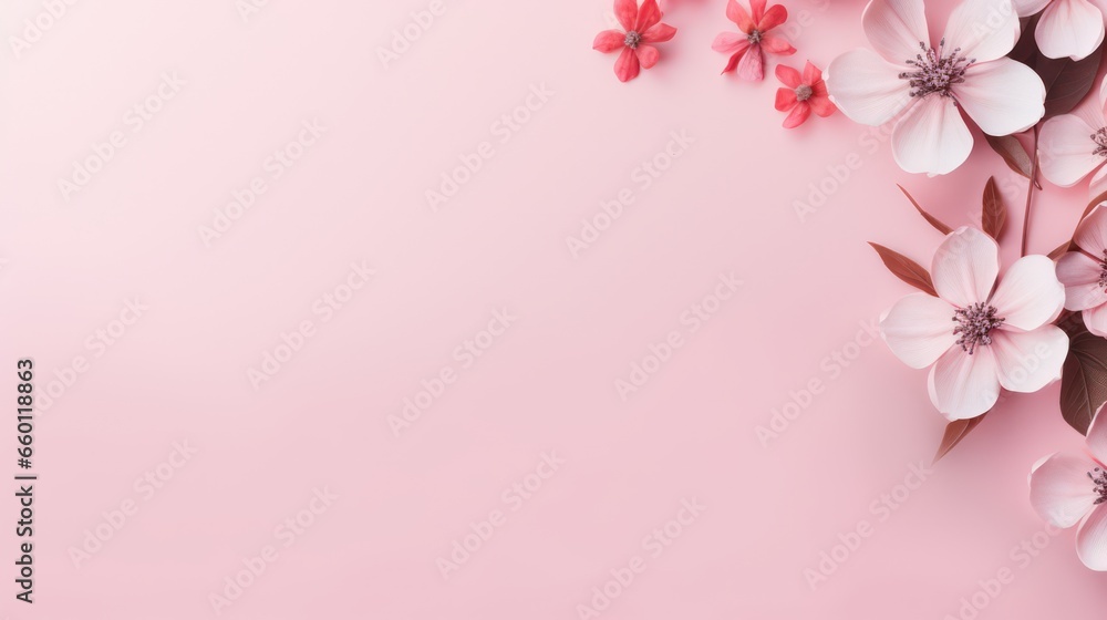 A pink background with flower floral borders and a pink blank paper for text or content.