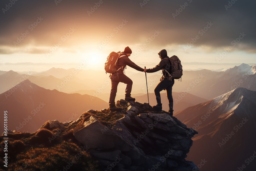 Cooperation concept with multiple people helping each other on mountain top