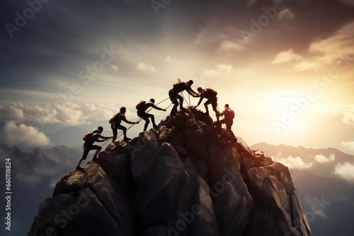 Cooperation concept with multiple people helping each other on mountain top #660118824