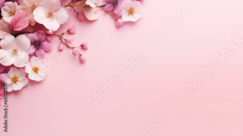 A pink background with flower floral borders and a pink blank paper for text or content.