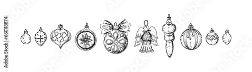 Set of Happy new year and Merry Christmas balls isolated on white background in sketch style. Handdrawn Christmas tree decoration. Vintage toys, glass baubles, angel figure