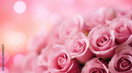 A romantic Valentine s atmosphere with gorgeous roses on a pink or blush pink background  enhanced by a beautiful blur effect. It s an ideal choice for greeting cards  wedding invitations  and gift