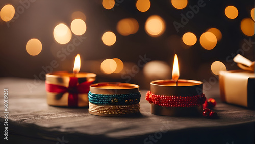 Burning candles and gift boxes on wooden table with bokeh background