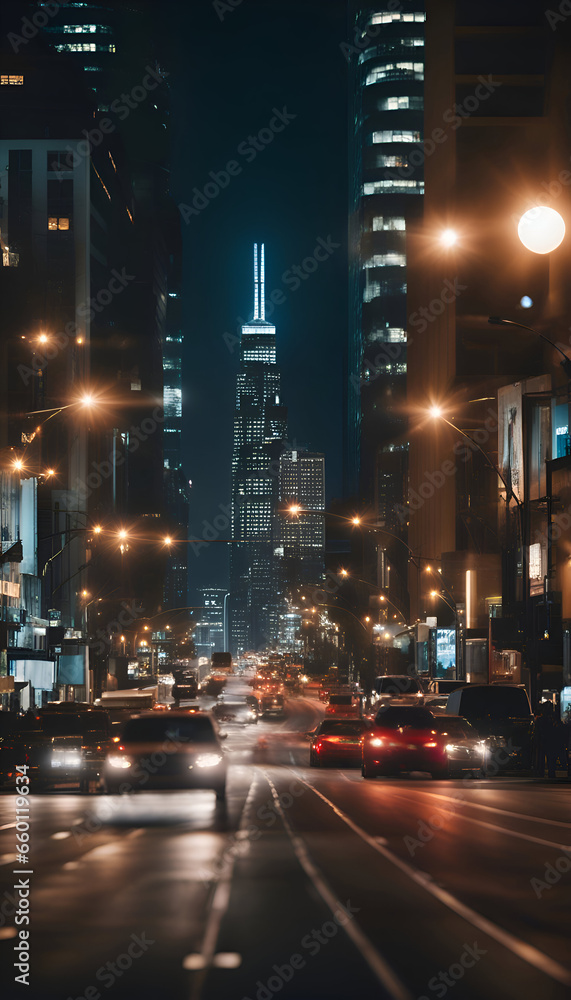 Night view of the streets of New York City. United States.