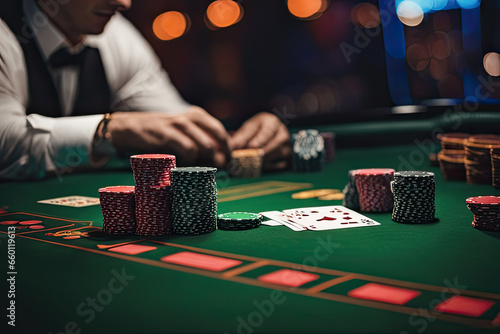 Close-up of poker player with playing cards in casino, lifestyle concept, generative ai 