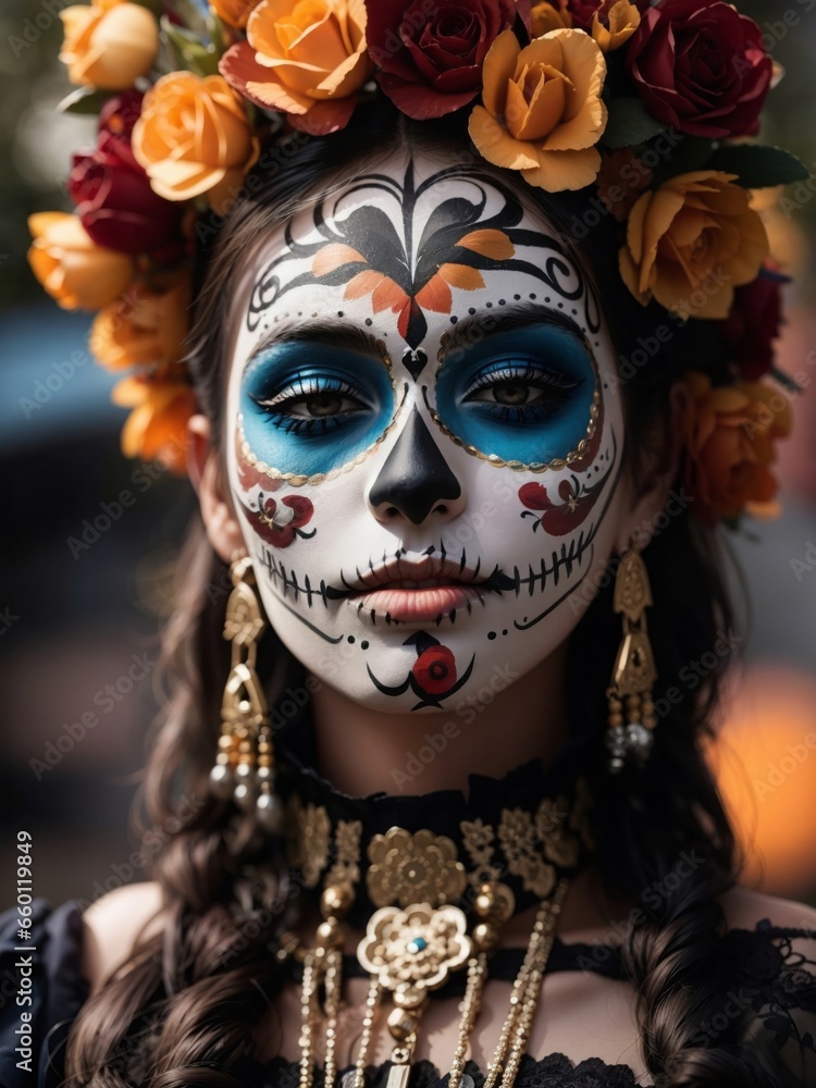 a closeup portrait of a person wearing a day of the dead makeup a closeup portrait of a person wearing a day of the dead makeup