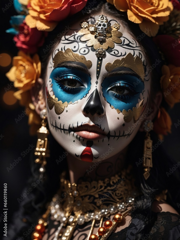 a closeup portrait of a person wearing a day of the dead makeup