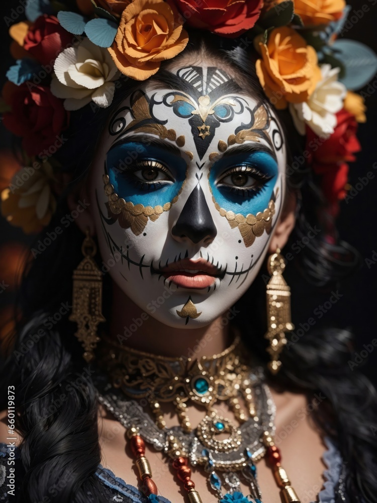 a closeup portrait of a person wearing a day of the dead makeup a closeup portrait of a person wearing a day of the dead makeup